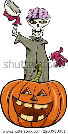 Cartoon illustration of skeleton character with Halloween pumpkin