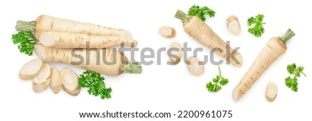 Parsley root with slices and leaves isolated on white background, Top view. Flat lay Royalty-Free Stock Photo #2200961075