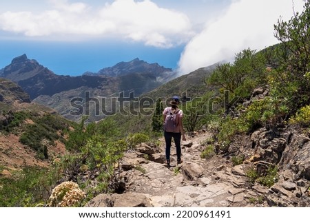 Woman with backpack descending Pico Verde with view on the Teno mountain massif, Tenerife, Canary Islands, Spain, Europe. Hiking trail between village Masca and Santiago. View on sharp peaks and sea Royalty-Free Stock Photo #2200961491
