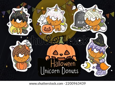 Set of Halloween Stickers. Collection of Halloween Unicorn Clipart illustrations. Beautiful Clip Art Halloween Unicorn Donut. Set of Five Animals Vector Illustrations, for Halloween Stickers

