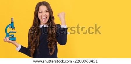 successful research education. scientist kid with scope. harness scientific method. Banner of school girl student. Schoolgirl pupil portrait with copy space. Royalty-Free Stock Photo #2200968451