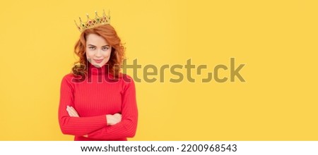 Woman isolated face portrait, banner with copy space. happy redhead woman in crown. self confident queen. expressing smug. arrogant princess. Royalty-Free Stock Photo #2200968543