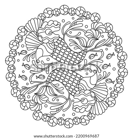 Sea Coloring page. Anti stress coloring page for adult . Monochrome Vector illustration.