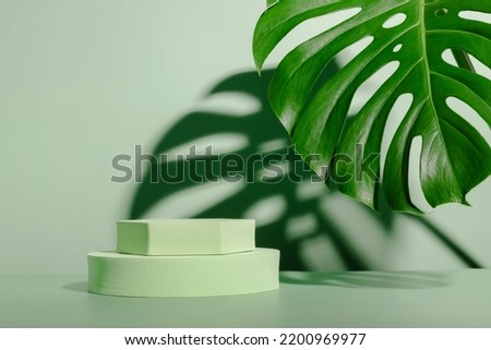Aesthetic podium with monstera leaf and shadows. Background for product presentation