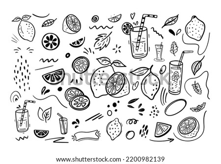 Set of lemon fresh juice mint summer hand drawn scribble doodle line art sketch vector illustration Royalty-Free Stock Photo #2200982139