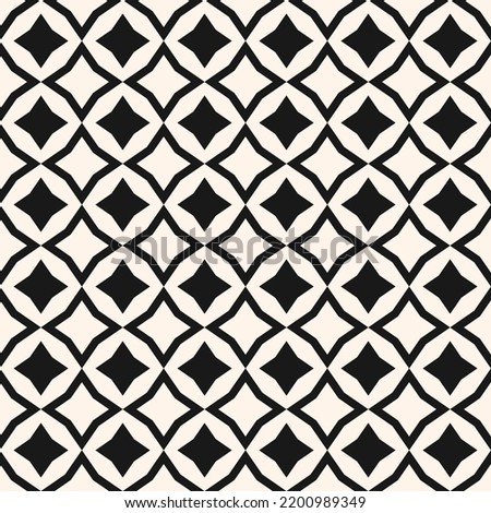 Vector abstract diamond seamless pattern. Stylish black and white background. Simple geometric ornament with floral silhouettes, stars, rhombuses. Modern monochrome texture. Repeat decorative design