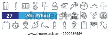 set of 27 outline web volleyball icons such as rules, air pump, rugby pitch, ball throwing, volleyball net, chronometer, water bottle, elbow pads vector thin line icons for web design, mobile app.