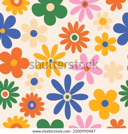 Trendy floral pattern in the style of the 70s with groovy daisy flowers. Vintage style. Bright colorful colors. Retro floral vector design y2k. Royalty-Free Stock Photo #2200990487