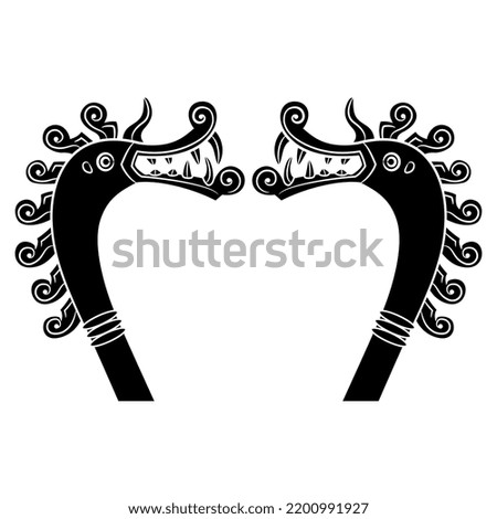 Symmetrical design or frame with two heads of fantastic dragons or griffins with long necks and spiral manes. Viking drakkar. Norse mythology. Black and white negative silhouette.