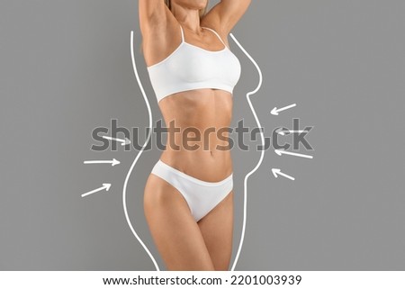 Body Reshaping Concept. Woman In White Underwear With Drawn Outlines And Arrows Around Her Figure Standing Isolated Over Grey Background, Unrecognizable Female Enjoying Weight Loss Result, Collage