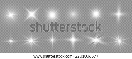 Set of white glowing light burst on a transparent background, white sun rays, glow bright stars, the star burst with brilliance, light effect, flare of sunshine with rays, vector illustration, eps 10 Royalty-Free Stock Photo #2201006577