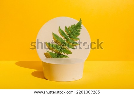 Natural minimal cosmetic background for product presentation. Empty cosmetics podiums on yellow background with leaves for beauty product.