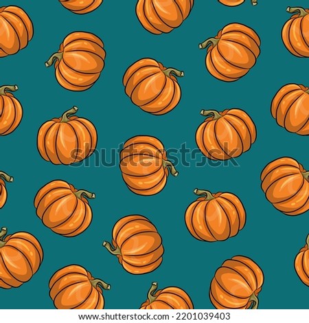 Pumpkins pattern, orange pumpkin and turquoise background, textile