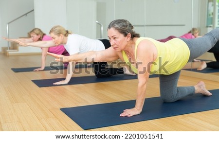 Three aged women are doing extended cat pose Royalty-Free Stock Photo #2201051541