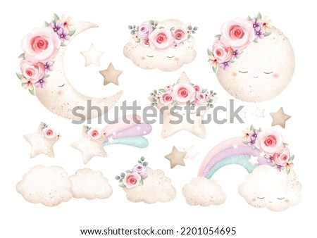Watercolor Illustration set of star moon and cloud with flower wreath