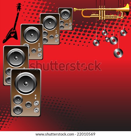 Abstract colorful red background with loudspeakers, golden trumpet and guitar shape