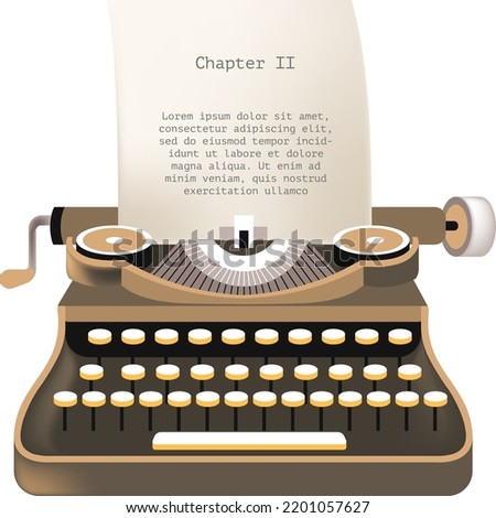 Old mechanical typing machine with buttons and paper sheet with chapter in process. Typewriter journalist or secretary device for printing. Writers work, making novel or book. Vector in flat style Royalty-Free Stock Photo #2201057627