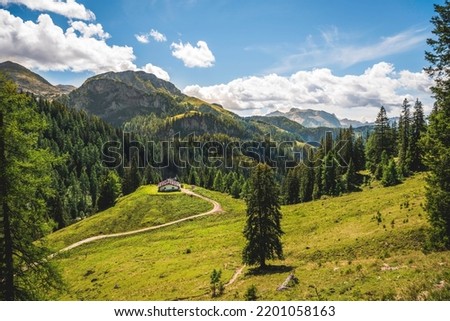 Alpine pasture, hut, Königsberg-Alm, hiking trail to the Jenner, Berchtesgaden National Park, Berchtesgadener Land, Upper Bavaria, Bavaria, Germany Royalty-Free Stock Photo #2201058163