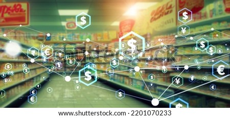 Store shelves and financial networks.  Electronic money. Cashless payment. Royalty-Free Stock Photo #2201070233