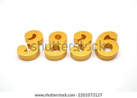  Number 3836 is made of gold-painted teak, 1 centimeter thick, placed on a white background to visualize it in 3D.                                