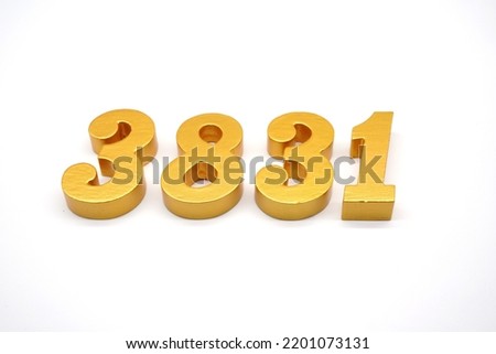   Number 3831 is made of gold-painted teak, 1 centimeter thick, placed on a white background to visualize it in 3D.                               