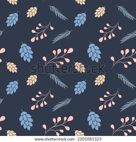Seamless pattern with cones and twigs on a dark background. vector illustration