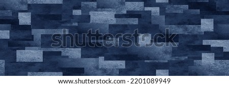 Dark blue white pattern. Chaotic. Geometric shape background for design. Squares, rectangles or block. Seamless. Abstract. Mosaic, collage. Web banner. Wide. Long. Panoramic. Royalty-Free Stock Photo #2201089949