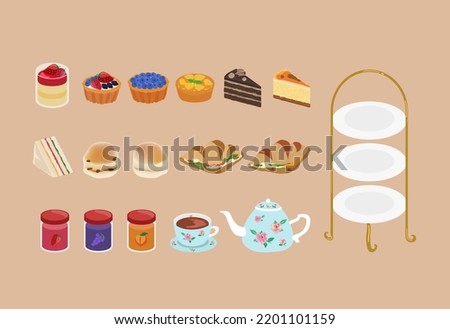 Afternoon tea set with lots of cakes, Croissant, pudding, fruit pie and  sandwich. Cafe menu, Tea time elements. Tea Party Invitation, feast engagement, poster. Flat concept background. Royalty-Free Stock Photo #2201101159