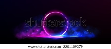 Neon circle frame with smoke on water surface. Round glowing frame with magic light among soft clouds. Purple ring with bright sparkles and flares, Realistic 3d vector abstract mysterious background
