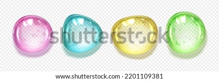 Serum texture, drops of gel or collagen. Beauty product, moisture, skincare colorful bubbles top view, scatter liquid splashes. Skin care cosmetic hydration spots Realistic 3d vector Illustration Royalty-Free Stock Photo #2201109381