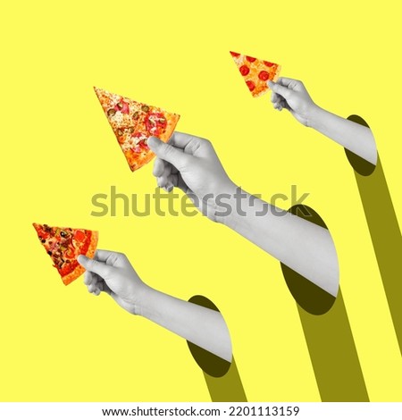 Contemporary art collage of hands with pizza slices. Copy space for ad. Concept of art, creativity, imagination, poster and ad. Fast food time concept.