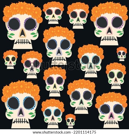 cute and various size sugar skulls and vibrant and neon colors for day of the dead or halloween with decorations of cempasuchil flowers on a black background in pattern