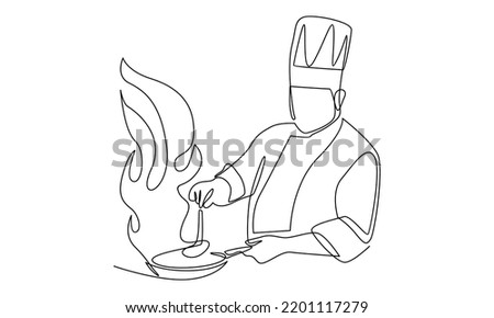 Continuous line of chef cooking gourmet meal, chef preparing food
