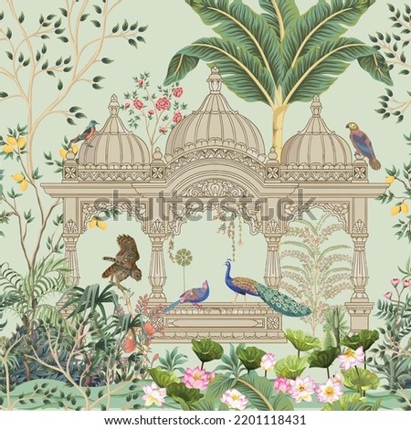 Traditional Mughal garden, peacock, arch, temple, lotus, bird vector illustration seamless pattern for wallpaper Royalty-Free Stock Photo #2201118431