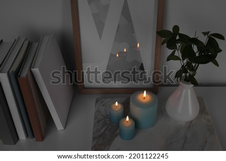 Burning candles, books, picture and vase with green branches on white table