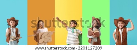 Collage of active little children on color background
