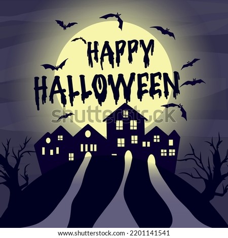 Vector illustration in dark purple colors halloween night huge yellow moon and bats three roads light up and lead ghosts home
