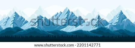 Seamless mountain pattern. Repeating panorama or landscape with high rocks, peaks, snowy hills and forest. Design element for social networks, covers and wallpapers. Cartoon flat vector illustration Royalty-Free Stock Photo #2201142771