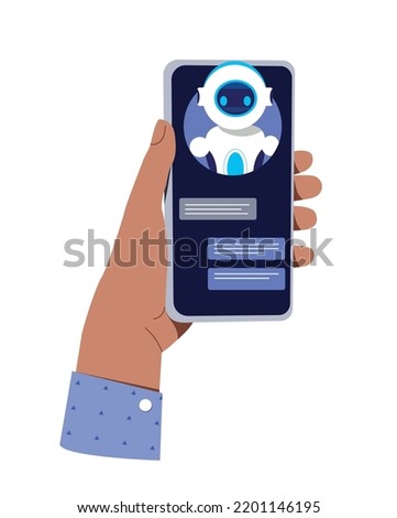 Communication with chatbot online. Character hand holding smartphone with droid or artificial intelligence on screen. User sends messages to robot in helpdesk app. Cartoon flat vector illustration