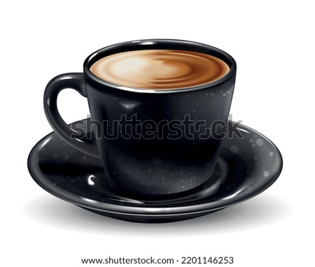 Cup of hot coffee. Delicious raf or espresso in black mug. Rich aromatic drink made from Arabica and Robusta. Design element for menus for coffee shop. Side view. Realistic 3D vector illustration