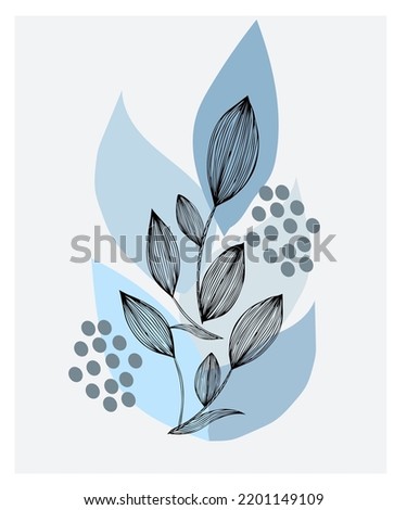 Postcard branch with flowers and leaves on a winter background. Contour handwork. For invitations, postcards, internet, printing and decoration.