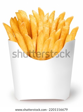 French fries in paper bucket isolated on white background, French fries on white With clipping path. Royalty-Free Stock Photo #2201156679
