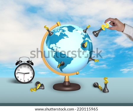 hand hold dollar chess on terrestrial globe with alarm clock and sky background
