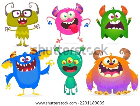 Funny cartoon monsters. Set of cartoon vector scary colorful monsters troll, cyclops, ghost,  monsters and aliens. Halloween design for decoration, stickers or cutout yard art sign standee. Isolated Royalty-Free Stock Photo #2201160035