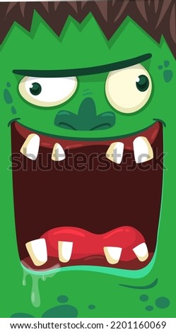 Cartoon angry zombie face avatar. Halloween vector illustration of funny zombie moaning with wide open mouth full of teeth. Great for decoration or package design