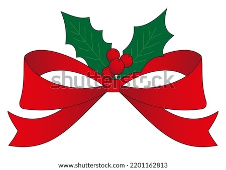 Illustration of leaves and berry of holly and red bow on white background