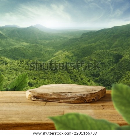 Desk of free space and green landscape of mountains. 