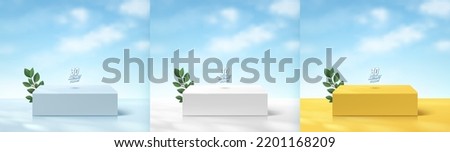 Set of realistic 3d cube stand podium in white, blue, yellow floor with leaf and clouds blue sky background. Abstract minimal scene mockup for products display, Stage showcase. Vector geometric forms.
