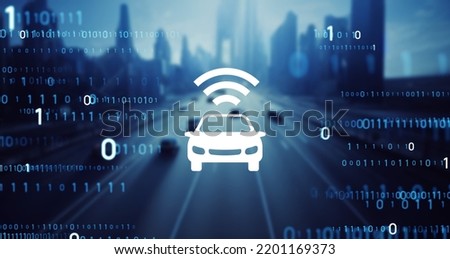 An icon of a car that emits radio waves and a background of a future city Royalty-Free Stock Photo #2201169373
