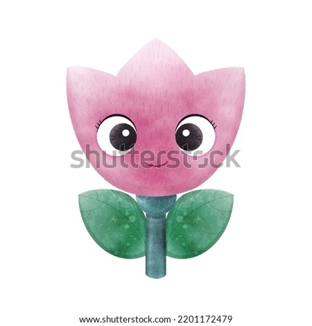 Cute cartoon flower watercolor. Funny flower.